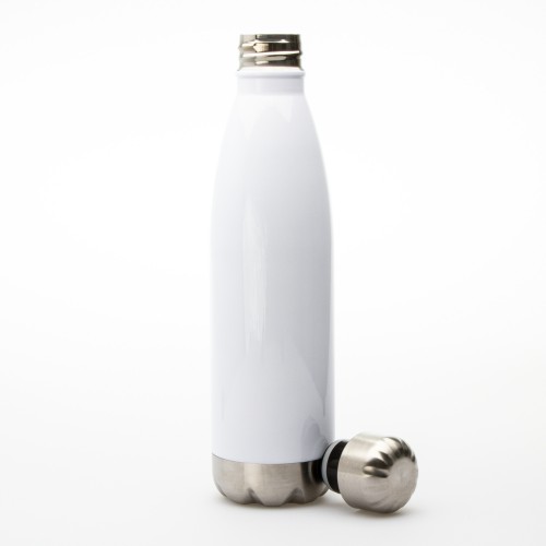 Bílá 500ml termoska s hnědou ruční kresbou beskydské cesty, smrků a slunce, doplněná textem „V Beskydech je domov i pro ty, co h